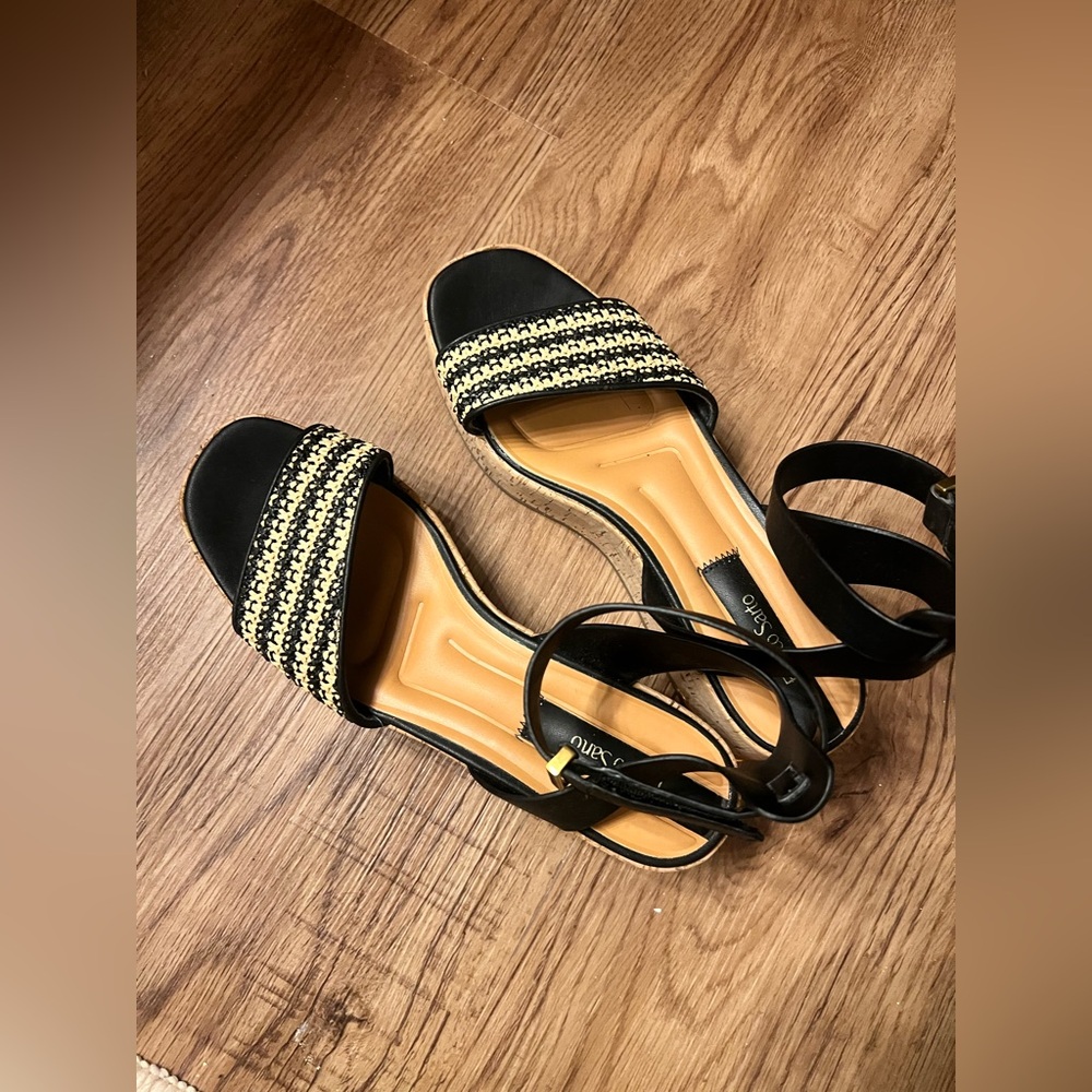 Franco Sarto Black and Cream Sandals with Braided Straps